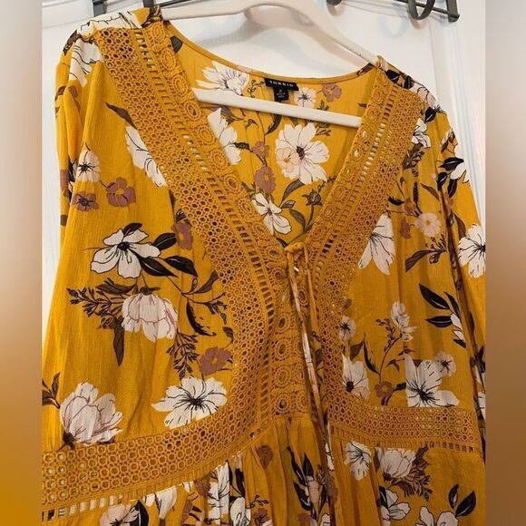Torrid Babydoll Gauze Yellow Floral Crochet Trim Lace-Up Top Size 2X EUC - Picture 10 of 15